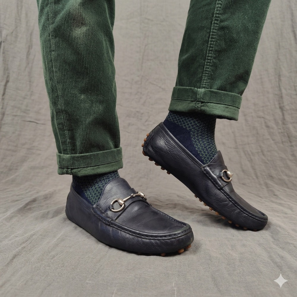Gucci Horsebit Driving Loafers Mens 10 Navy Blue Pebbled Leather‎ Slip On Shoes